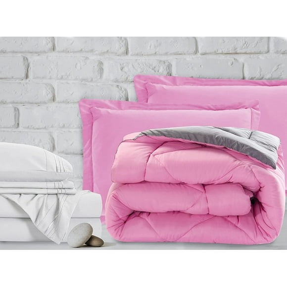 Mocassi 7-Piece Bed-in-a-Bag Comforter & Sheet Set 7-Piece Twin Size Bed-in-a-Bag, Super Cozy Bed Sheets and Comforter Set, Wrinkle and Stain Resistant, Pink/Gray