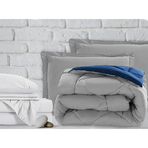 Mocassi 7-Piece Bed-in-a-Bag Comforter & Sheet Set 7-Piece Twin Size Bed-in-a-Bag, Super Cozy Bed Sheets and Comforter Set, Wrinkle and Stain Resistant, Silver/Navy