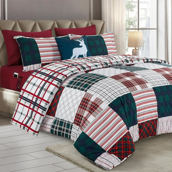Mocassi 8-Piece Cabin Lodge Patch Reversible Comforter Set, All-Season Bed in a Bag - Includes Sheet Set with Smart Pockets, Matching Shams & Decorative Pillow, Full/Queen, Burgundy