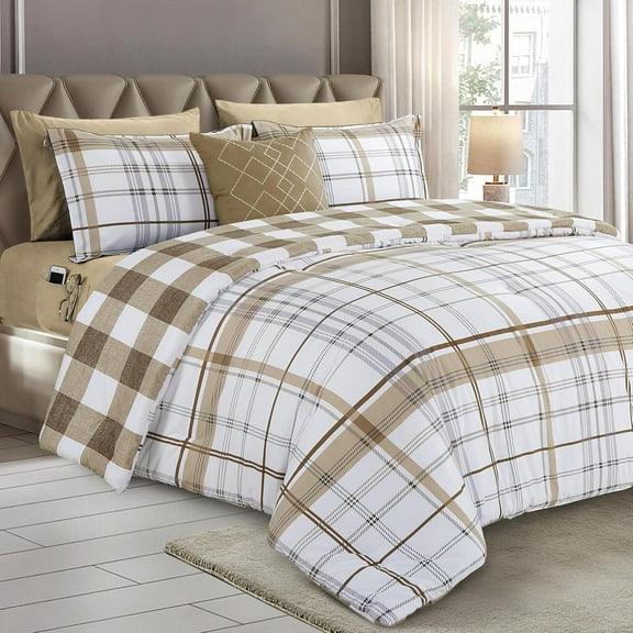 Mocassi 8-Piece Lodge Plaid Reversible Comforter Set, All-Season Bed in a Bag - Includes Sheet Set with Smart Pockets, Matching Shams & Decorative Pillow, Full/Queen, Taupe