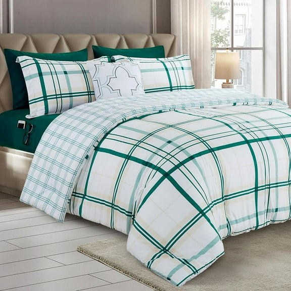Mocassi 8-Piece Lodge Plaid Reversible Comforter Set, All-Season Bed in a Bag - Includes Sheet Set with Smart Pockets, Matching Shams & Decorative Pillow, Full/Queen, Emerald Green