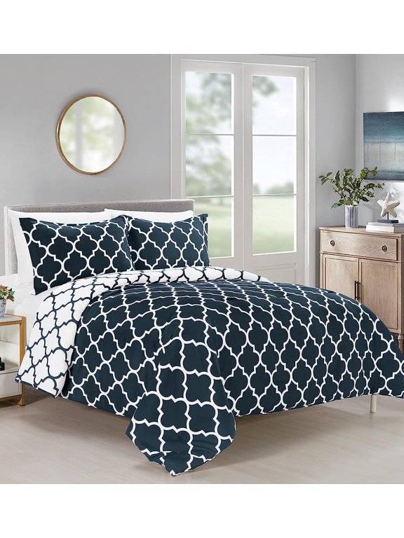 All Season Comforter - Medium Weight & Super Soft - Quatrefoil Pattern Down Alternative, Reversible 3-Piece Set, Full/Queen, Navy/White