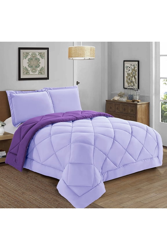 Reversible 3-Piece Comforter Set with Matching Shams, Two Colors in One for Ultimate Versatility and Style, Twin/Twin XL, Lilac/Purple
