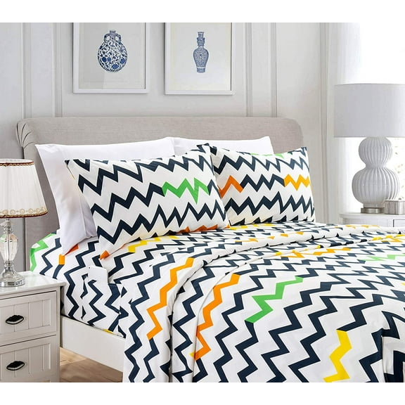 Mocassi Chevron Pattern Collection 6-Piece Sheet Set Deep Pocket 1500 Thread Count, Fade, Stain, and Wrinkle Resistant, Fitted Sheet with Smart Pockets, Chevron Sheet Set, Queen, Multicolor