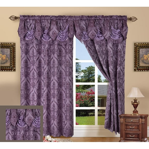 Mocassi Classic Jacquard Window Drape Set, 2-Panels with attached Valance, Penelopie 54" x 84", Purple