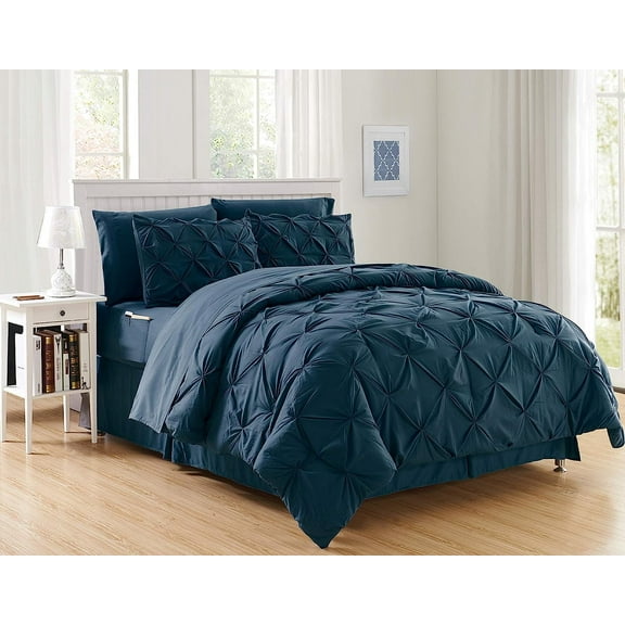 Mocassi Comforter Set, 8-Piece Pintuck Down Alternative, Soft & Plush Bedding Set Perfect for Any Bed Room, Full/Queen Size, Navy Blue
