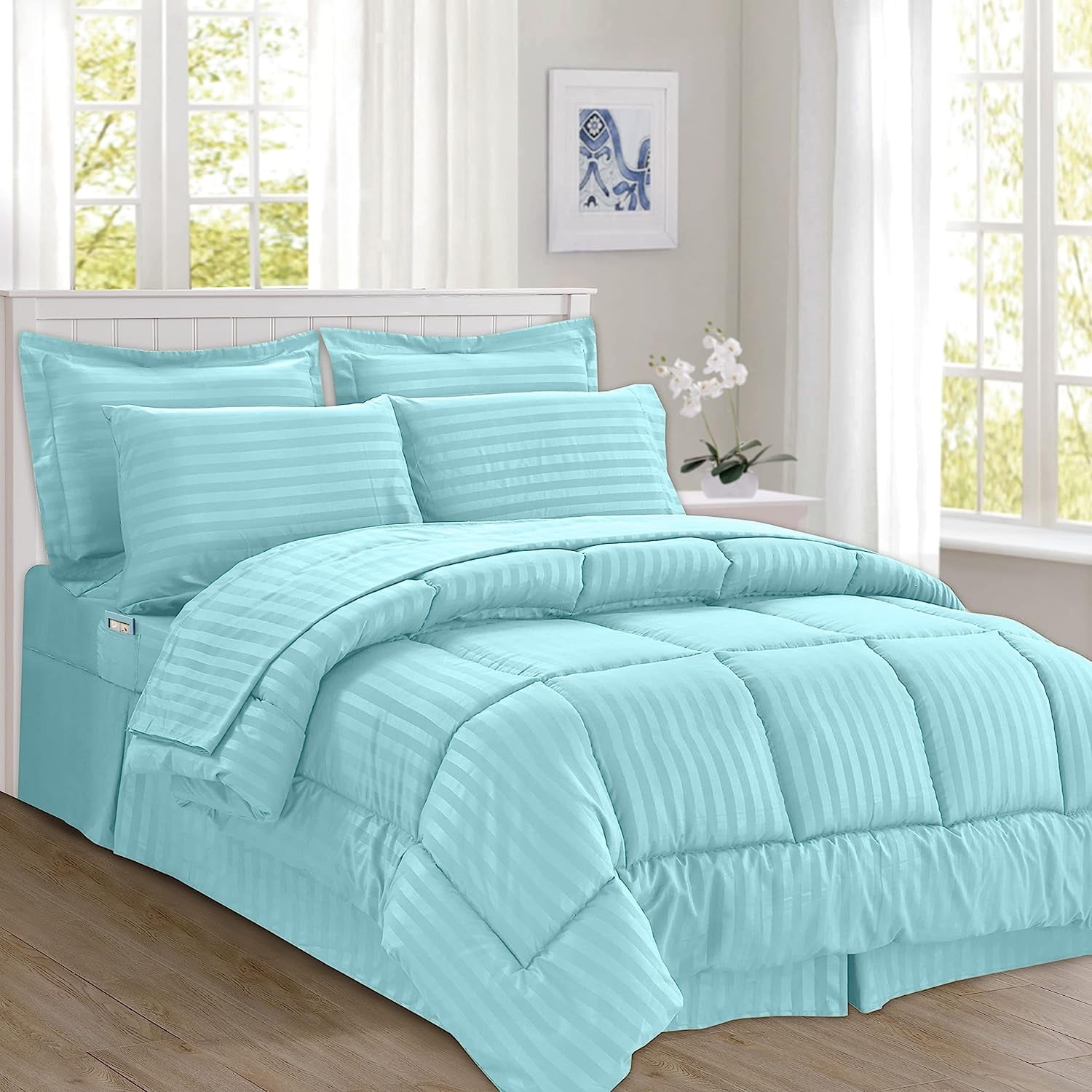 Mocassi Comforter Set, 8-Piece Striped Down Alternative, Soft & Plush Bedding Set Perfect for Any Bed Room, King/California King Size, Aqua