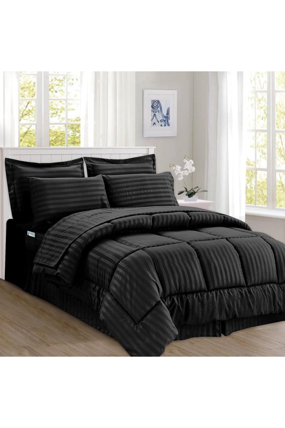Comforter Set, 8-Piece Striped Down Alternative, Soft & Plush Bedding Set Perfect for Any Bed Room, King/California King Size, Black