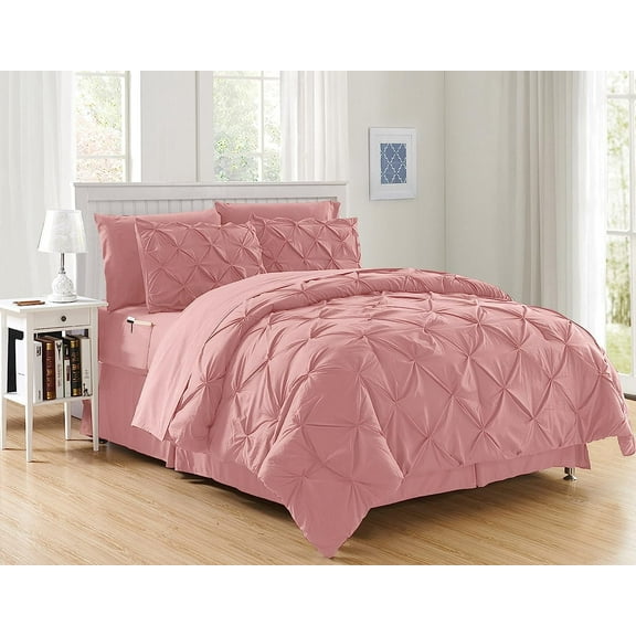 Mocassi Cozy & Soft 8-Piece Bedding Set - Includes Comforter, Smart Sheet Set, Bed Skirt, Matching Pillowcases and Shams, Pintuck Design, King/California King, Dusty Rose Comforter Set