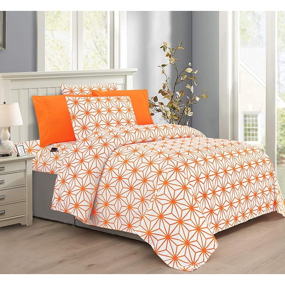Mocassi Cube Collection 6-Piece Sheet Set, Deep Pocket 1500 Thread Count, Fade, Stain, and Wrinkle Resistant, Full, Tangerine Orange