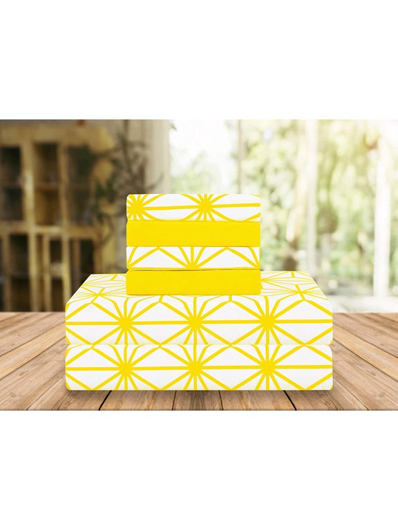 Cube Pattern Collection 6-Piece Sheet Set, Deep Pocket 1500 Series, Fade, Stain, and Wrinkle Resistant, Fitted Sheet with Smart Pockets, Cube Sheet Set, Queen, Yellow