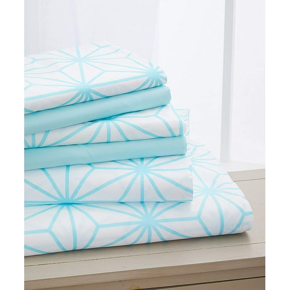Mocassi Cube Pattern Collection 6-Piece Sheet Set, Deep Pocket 1500 Thread Count, Fade, Stain, and Wrinkle Resistant, Fitted Sheet with Smart Pockets, Cube Sheet Set, Full, Aqua