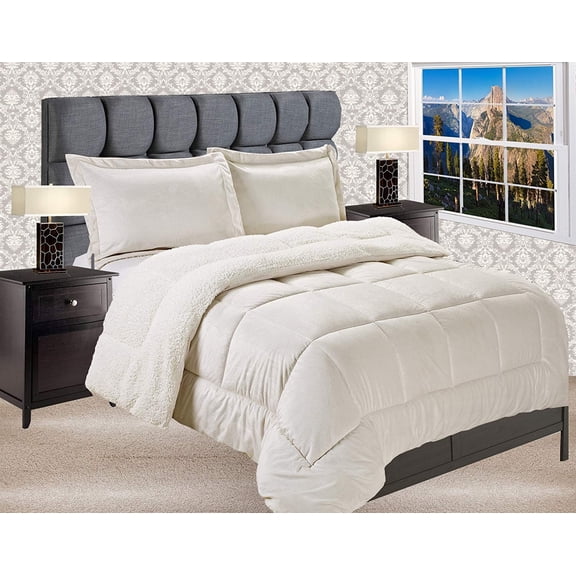 Mocassi Down Alternative Sherpa Comforter with Shams , Twin, Ivory