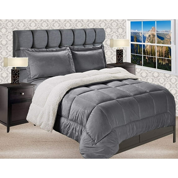 Mocassi Down Alternative Sherpa Comforter with Shams , TwinXL, Grey