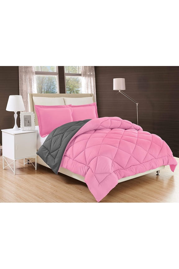 Duvet Inserted Reversible 2pc Comforter Set with Shams Twin, Pink/Gray