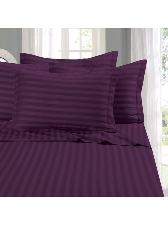 Egyptian Quality 6 Piece Damask Stripe Bed Sheet Set, Queen Eggplant/Purple