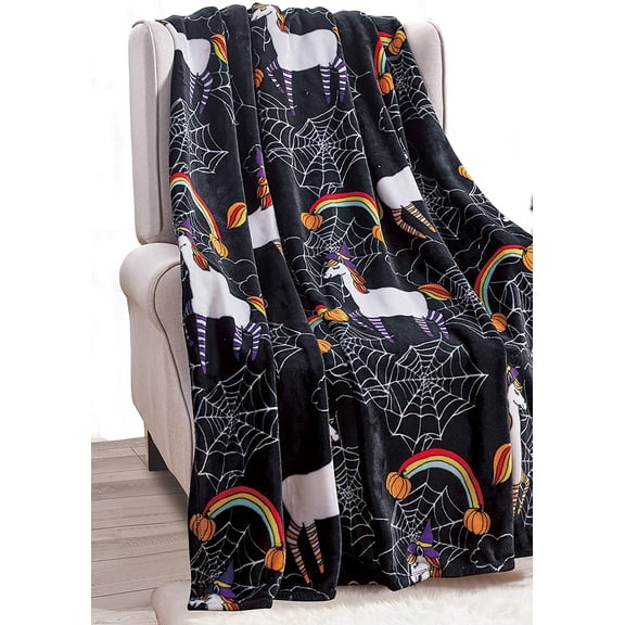 Mocassi Halloween Themed Fleece Throw Blanket, 50 x 60 inches, Perfect for Lounging and Home Decor, Spooky Season Suitable, Black Unicorn, Throw Blanket