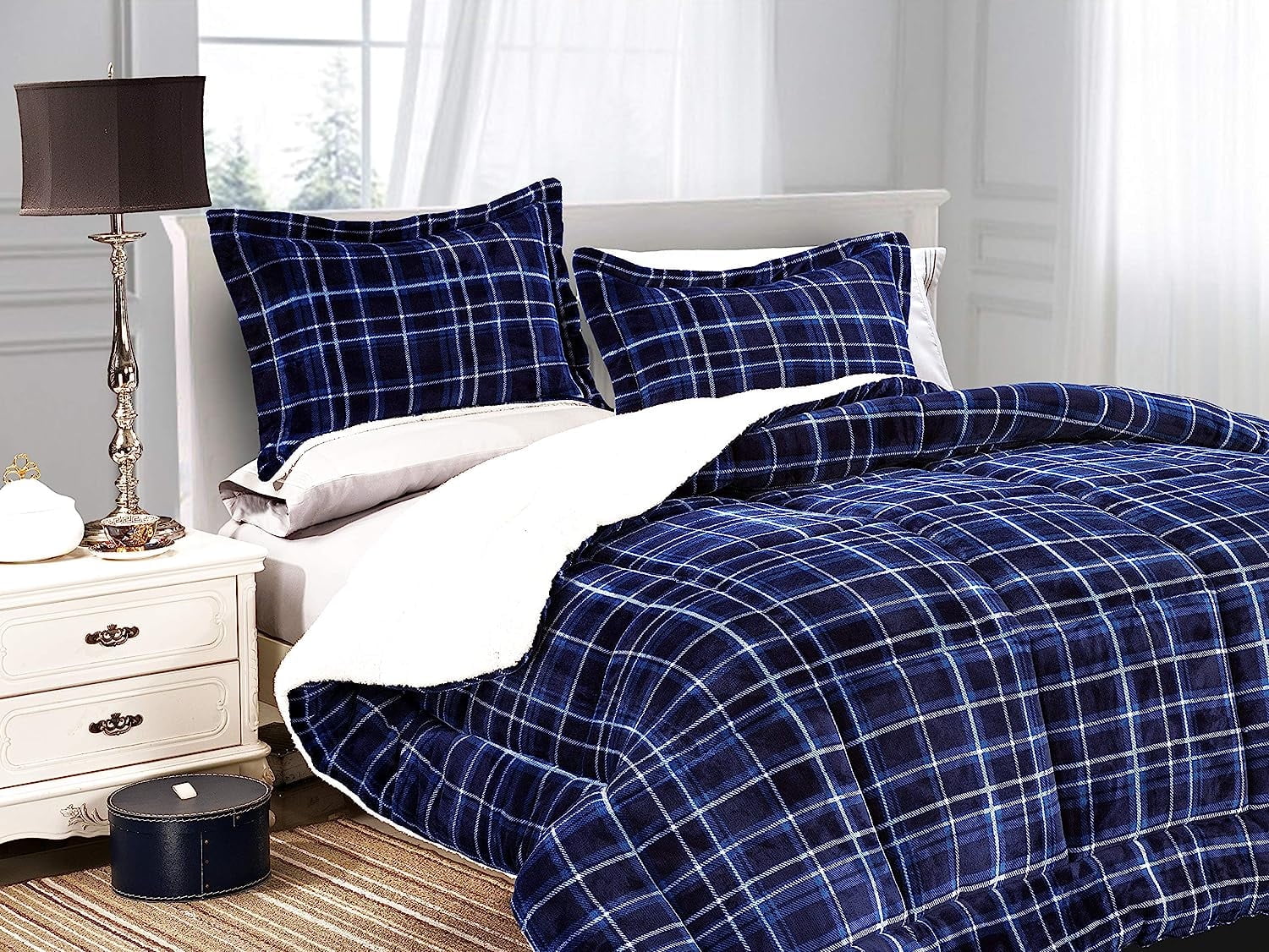 Navy Plaid Reversible Sherpa Comforter Set with Shams, Full/Queen