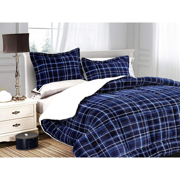 Queen Size Mocassi Winter Warm Bed Comforter Set - Heavy Weight Plaid, Micromink Sherpa-Backing, 3-Piece