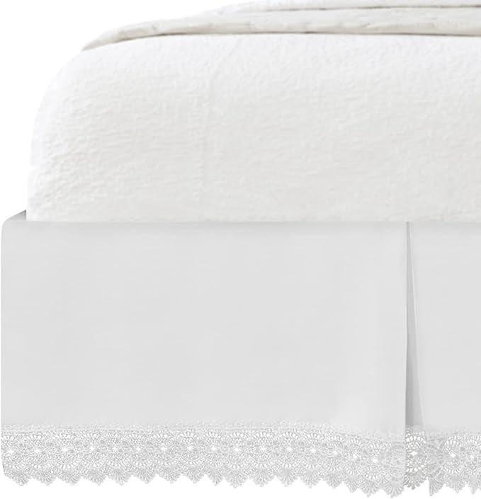 Mocassi Lace Bed Skirt 15inch Drop, 1500 Thread Count Quality, Sophisticated Design for a Vintage Look- Easy Care and Wrinkle Resistant, Queen, White