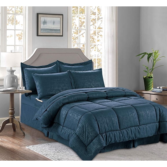 Mocassi Luxury 8-Piece Bamboo Comforter Set - Soft and Cozy Bedding Set with Double-Sided Storage Pockets - Silky Navy Blue Bamboo Comforter, King/California Size