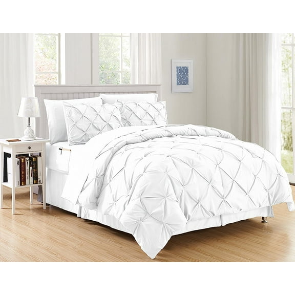 Mocassi Luxury 8-Piece Pinch Pleated Comforter Set - Soft and Cozy Bedding Set with Double-Sided Storage Pockets - Silky White Comforter, Full/Queen Size