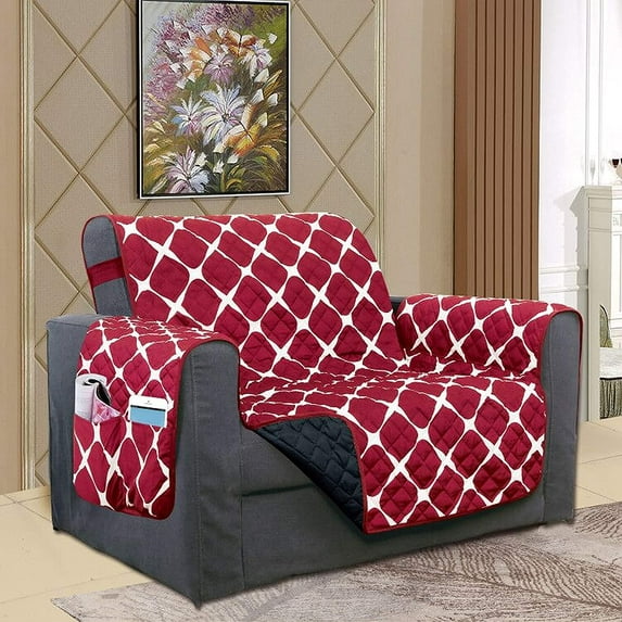 Mocassi Luxury Bloomingdale Pattern Reversible 2-Tones Quilted Furniture Protector with Smart Pockets and Elastic Straps, Great for Pets and Kids, Chair, Burgundy-black