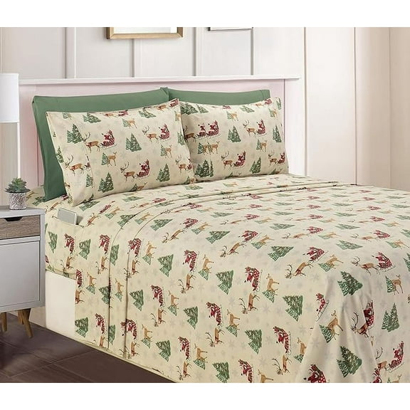 Mocassi Luxury Soft Bed Sheets Holiday Pattern 1500 Series Hotel Quality Microfiber-Softness Wrinkle and Fade Resistant (6-Piece) Bedding Set, King, Santa Moose