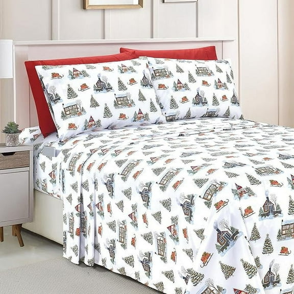 Mocassi Luxury Soft Bed Sheets Holiday Pattern 1500 Series Microfiber-Softness Wrinkle and Fade Resistant (6-Piece) Bedding Set, Queen, Bungalow