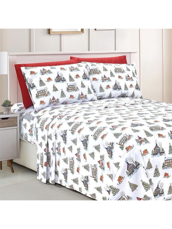 Luxury Soft Bed Sheets Holiday Pattern 1500 Series Microfiber-Softness Wrinkle and Fade Resistant (6-Piece) Bedding Set, Queen, Bungalow