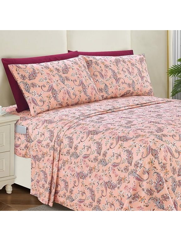 Luxury Soft Bed Sheets Paisley Pattern - 1500 Series Hotel Quality Microfiber Softness Wrinkle and Fade Resistant (6-Piece) Bedding Set, California King, Paisley Coral