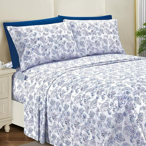 Mocassi Luxury Soft Bed Sheets Paisley Pattern - 1500 Series Hotel Quality Microfiber Softness Wrinkle and Fade Resistant (6-Piece) Bedding Set, California King, Paisley Indigo