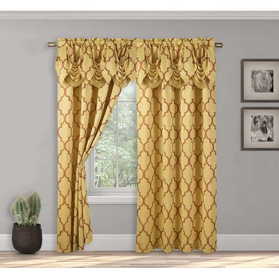 Mocassi Moroccan Trellis Print, Jaquard Curtain Panels with Attached Pleated Valance, 2 inch Rod Pocket, Perfect for Bedroom, Living Room, 54 X 84 inches (Set of 2), Gold