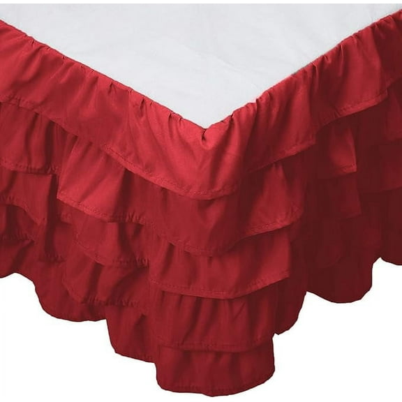 Mocassi Multi-Ruffle Bed Skirt, Wrinkle and Stain Resistant, 1500 Thread Count, 15 inch Drop, King, Maroon Red