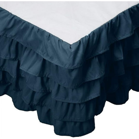Mocassi Multi-Ruffle Bed Skirt, Wrinkle and Stain Resistant, 1500 Thread Count, 15 inch Drop, Queen, Midnight Blue