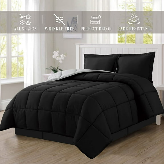 Mocassi - NEW - 3-Piece Reversible Comforter Set - Full/Queen - All Season Box-Stitched Down Alternative, Black/Silver