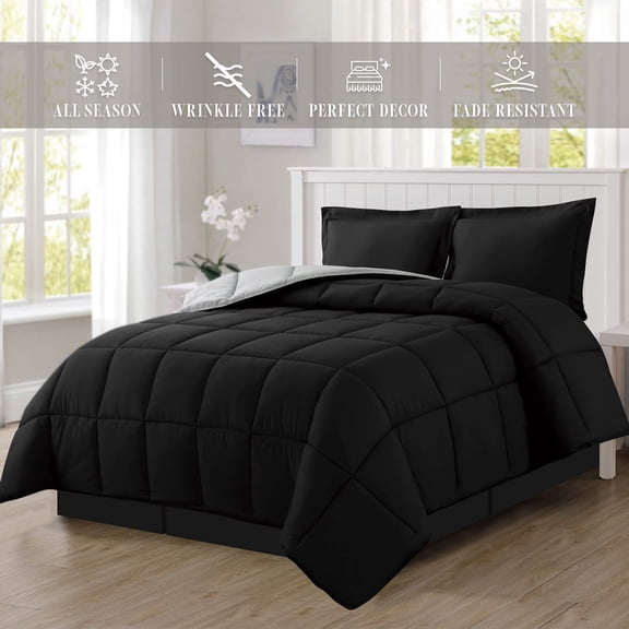 Mocassi - NEW - 3-Piece Reversible Comforter Set - Twin/Twin XL - All Season Box-Stitched Down Alternative, Black/Silver