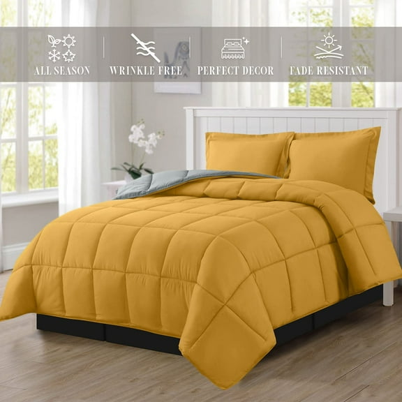 Mocassi - NEW - All Season Reversible Comforter Set - Full/Queen - Box-Stitched Down Alternative (3-Piece Set), Yellow/Gray