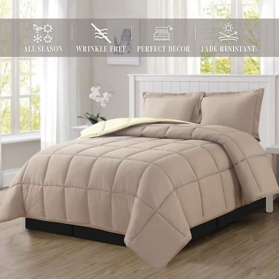 Mocassi - NEW - All Season Reversible Comforter Set - King/California King - Box-Stitched Down Alternative (3-Piece Set), Linen/Ivory