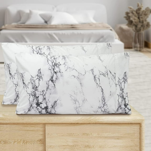 Mocassi Pattern Printed Pillowcases 2-Piece Set Egyptian Quality 1500 Thread Count Timeless Classic Designs Soft and Smooth Weave, Wrinkle Resistant, Marble Queen Pilllowcase, White