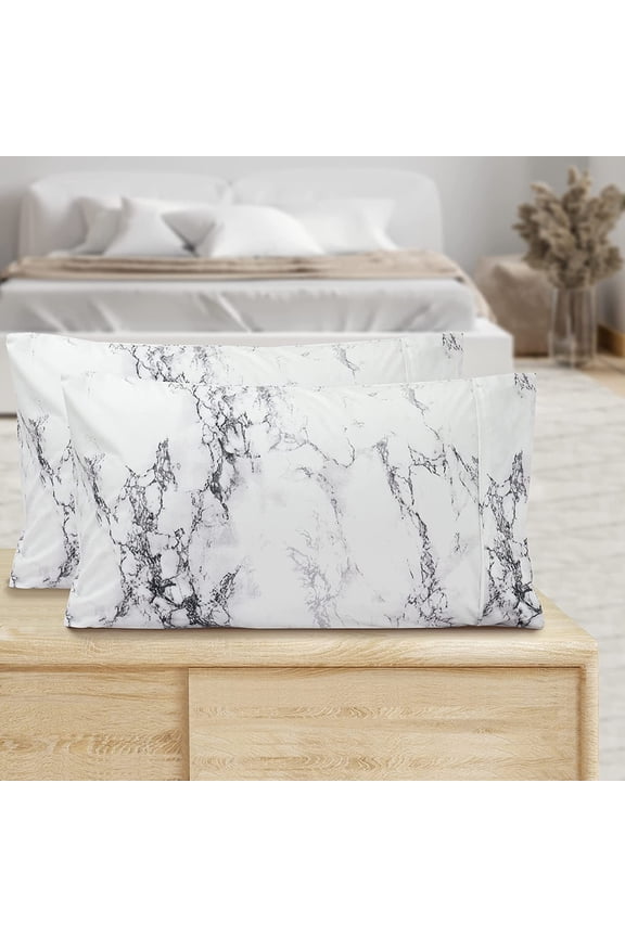 Pattern Printed Pillowcases 2-Piece Set Egyptian Quality 1500 Thread Count Timeless Classic Designs Soft and Smooth Weave, Wrinkle Resistant, Marble Queen Pilllowcase, White