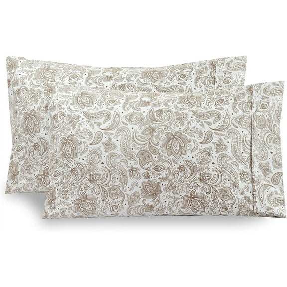 Mocassi Pattern Printed Pillowcases 2-Piece Set Egyptian Quality 1500 Thread Count Timeless Classic Designs Soft and Smooth Weave, Wrinkle Resistant, Paisley Queen Pillowcase, Taupe