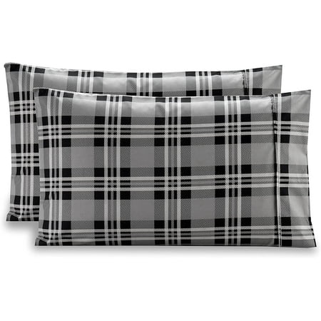 Mocassi Pattern Printed Pillowcases 2-Piece Set Egyptian Quality 1500 Thread Count Timeless Classic Designs Soft and Smooth Weave, Wrinkle Resistant, Plaid King Pillowcase, Gray