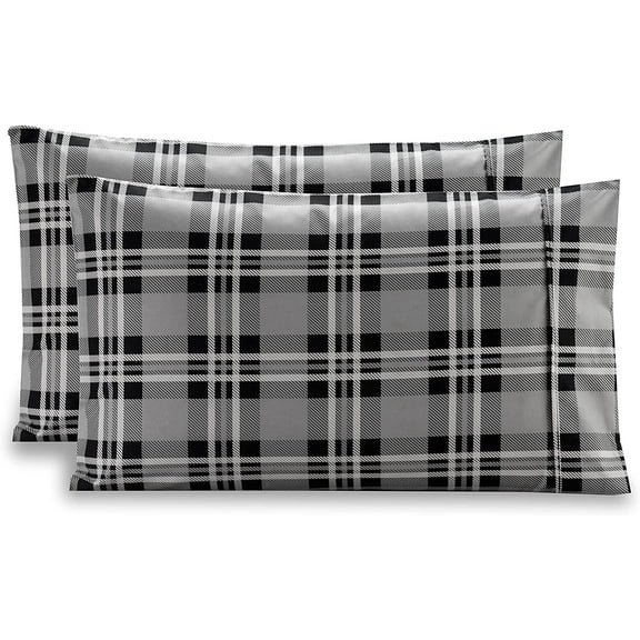 Mocassi Pattern Printed Pillowcases 2-Piece Set Egyptian Quality 1500 Thread Count Timeless Classic Designs Soft and Smooth Weave, Wrinkle Resistant, Plaid King Pillowcase, Gray
