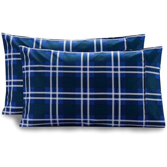 Mocassi Pattern Printed Pillowcases 2-Piece Set Egyptian Quality 1500 Thread Count Timeless Classic Designs Soft and Smooth Weave, Wrinkle Resistant, Plaid King Pillowcase, Navy