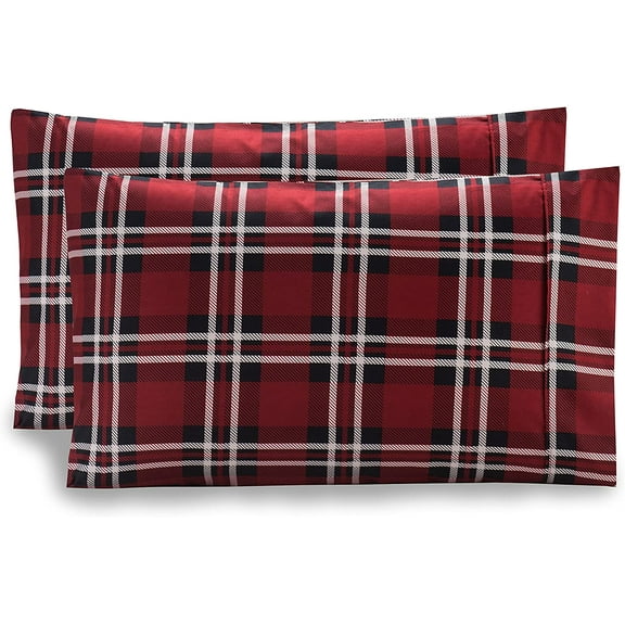 Mocassi Pattern Printed Pillowcases 2-Piece Set Egyptian Quality 1500 Thread Count Timeless Classic Designs Soft and Smooth Weave, Wrinkle Resistant, Plaid King Pillowcase, Burgundy