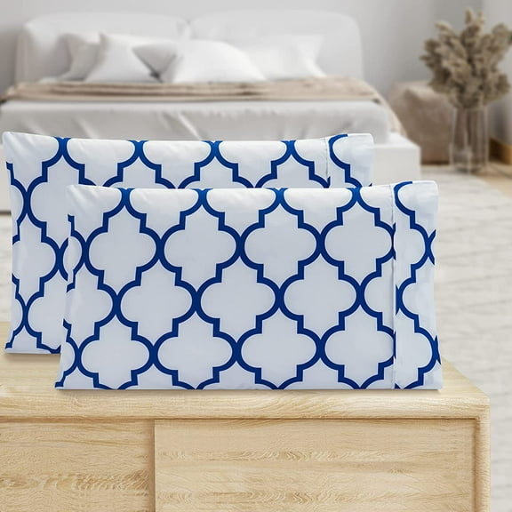 Mocassi Pattern Printed Pillowcases 2-Piece Set Egyptian Quality 1500 Thread Count Timeless Classic Designs Soft and Smooth Weave, Wrinkle Resistant, Quatrefoil Queen Pillowcase, Royal Blue