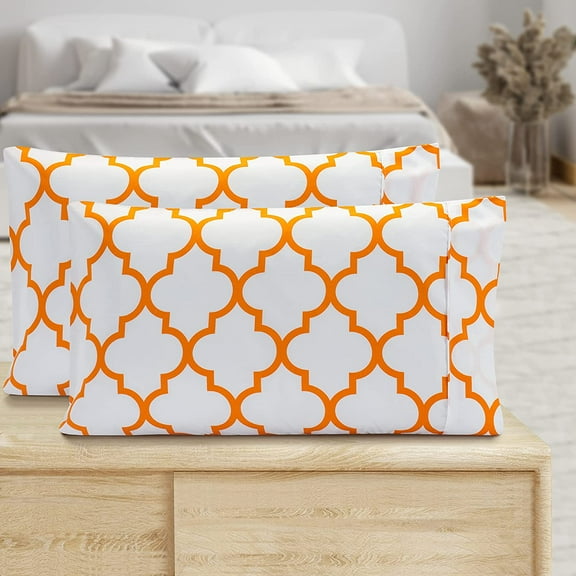 Mocassi Pattern Printed Pillowcases 2-Piece Set Egyptian Quality 1500 Thread Count Timeless Classic Designs Soft and Smooth Weave, Wrinkle Resistant, Quatrefoil Queen Pillowcase, Orange