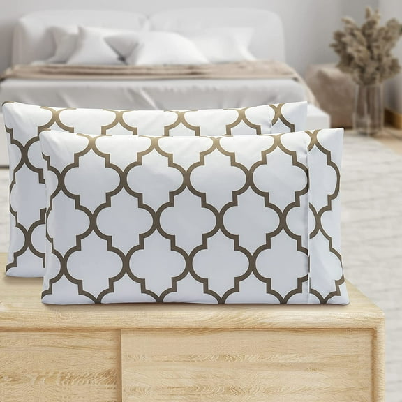 Mocassi Pattern Printed Pillowcases 2-Piece Set Egyptian Quality 1500 Thread Count Timeless Classic Designs Soft and Smooth Weave, Wrinkle Resistant, Quatrefoil Queen Pillowcase, White