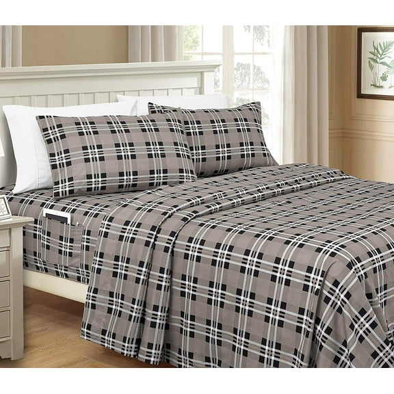 Mocassi Plaid 6-Piece Sheet Set, 1500 Thread Count Deep Pocket Fitted Sheet Featuring Smart Pockets, Full, Graystone